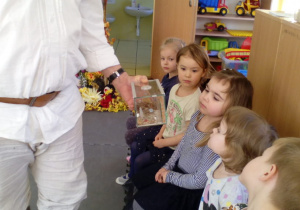 Dzieci oglądają prawdziwe mrówki w szklanym pojemniku.